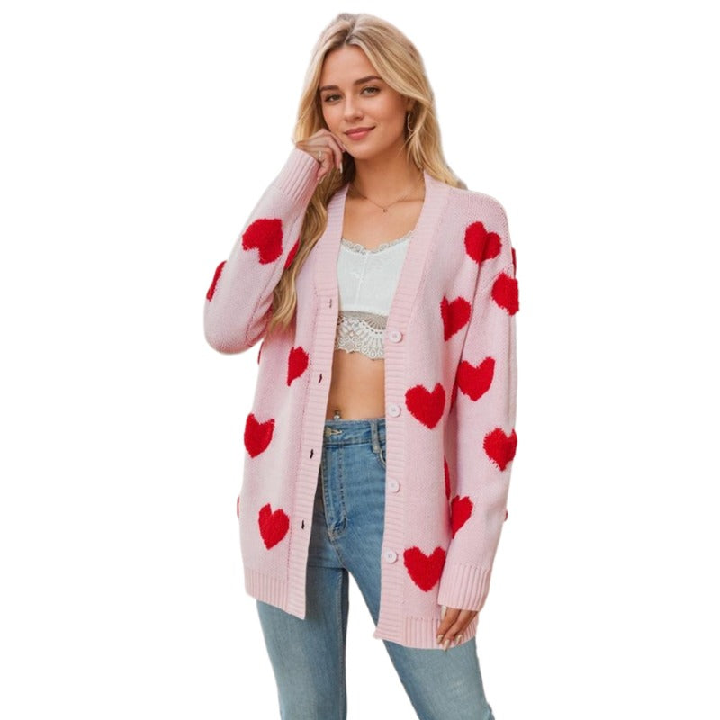 Wholesale Valentine's Day Heart Knitted Cardigan V-neck Button Midi-length Coat